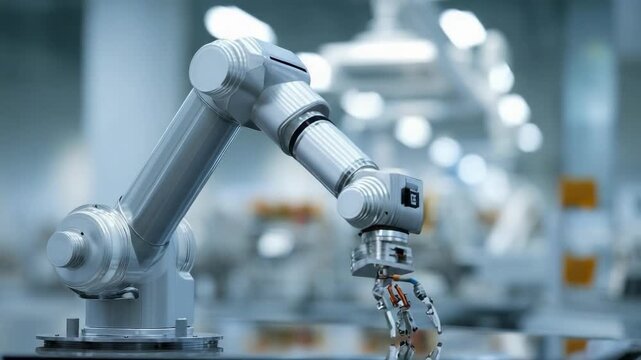 Silver industrial robotic arm with a claw gripper in a bright laboratory or factory setting.