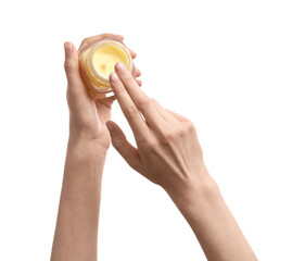 Female hands with jar of cosmetic cream on white background