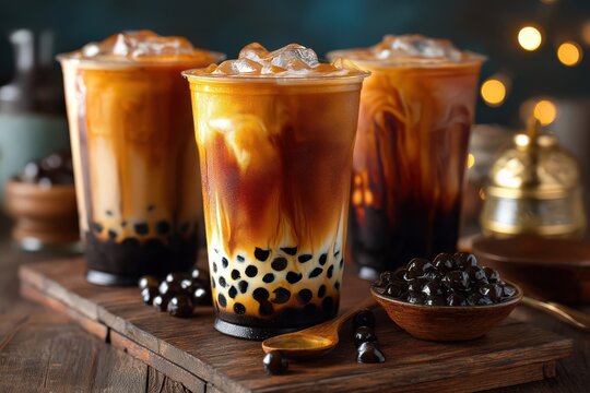 Refreshing iced coffee beverage with tapioca pearls showcasing intricate layers of cream and java tones in a rustic setting enhancing sensory indulgence captured with clarity