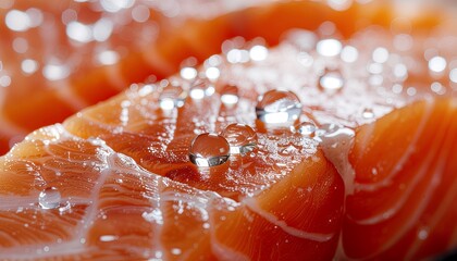 Extreme macro close-up of raw salmon fillet texture with large, glistening water droplets.