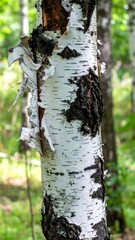 Peeling birch bark curls with white and black layers on standing tree in summer forest