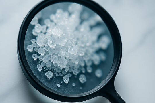 Transparent salt crystals under magnifying glass macro, chemical mineral structure detail, crystalline formation laboratory research sample, scientific purity examination concept, mineral compound obs