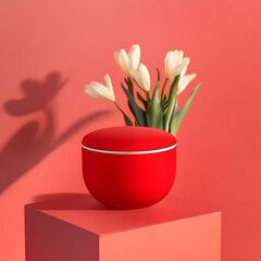 Obraz premium vibrant red product pedestal , placed on a pot of flower and vegetation background, creative layout for showcasing cosmetics or accessories, bright lighting with soft shadows