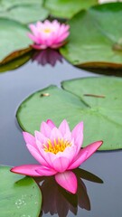 Pink Lotus Flower Floating on Water with Green Leaves for Premium Plant Object and Spiritual Nature Concept