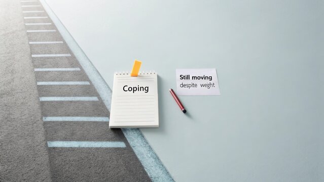 A notepad with the word Coping and a message Still moving despite weight on a minimalistic background symbolizing resilience