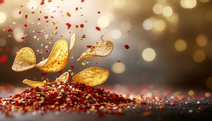 Tortilla chips and chili flakes flying in a dynamic explosion under golden light.