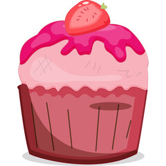 Pink Frosted Strawberry Cupcake With Red Wrapper And A Single Strawberry On Top Against A White Background