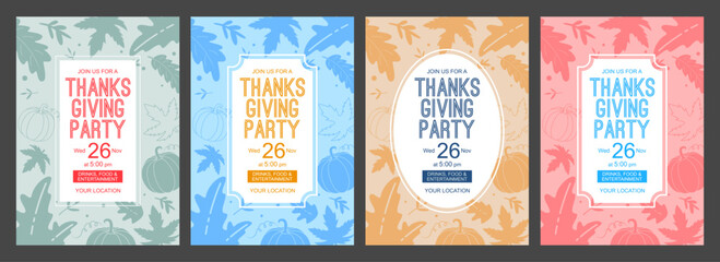 A colorful collection of four Thanksgiving party invitation templates featuring autumn leaves, pumpkins, and clean modern typography. Each design includes editable text for date, time, and location. P