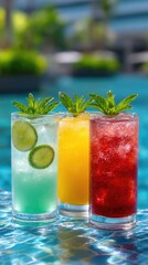 Three Assorted Tropical Cocktails With Mint And Lime Garnish By The Pool On A Sunny Day