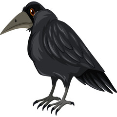 Pixel Art Black Bird Standing Still Isolated on White Background Detailed Feather Texture and Orange Eye Accents Sharp Beak and Claw Details