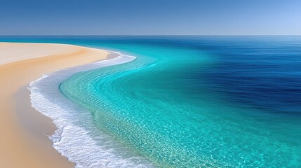 Pastel Aerial View of a Serene Sandbar Bordered by Crystal Clear Turquoise Ocean Waters and Gentle Waves Under a Bright Blue Sky