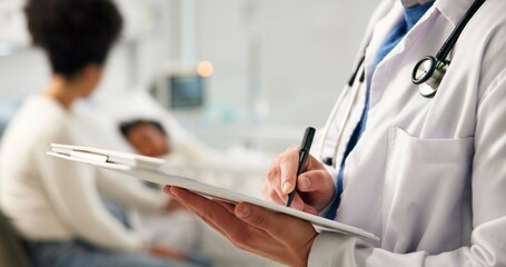 Doctor, hands or writing in hospital with folder for pediatric patient history, medical record or...