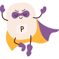 Whimsical Cartoon Character P in a Purple Mask and Yellow Cape Poses Heroically with Closed Eyes and a Determined Expression Against a Transparent Background