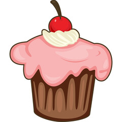 Pixel art cupcake with pink frosting white cream and red cherry on top with dark brown wrapper and brown base isolated on white background