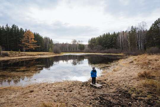 Individual in blue gazing over pond, Solitary person reflects beside tranquil pond amid trees, Lone individual in blue jacket pauses for reflection near quiet pond surrounded by trees