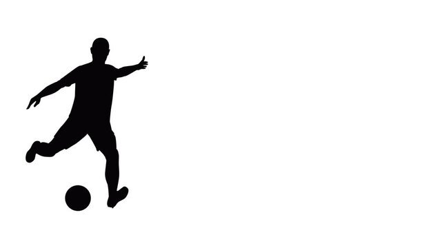Isolated Black Soccer Player Silhouette Kicking Ball (Shooting Action). Sports Athlete Motion Vector Graphic. White Background.