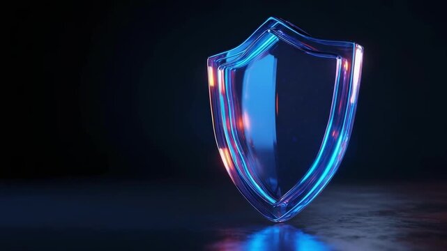 Blue shield-shaped glass trophy glowing with neon blue and pink edges on a dark reflective surface.