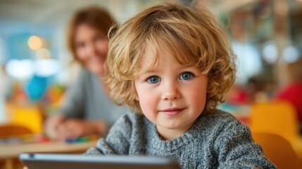 Happy Toddler Portrait with Office Supplies and Gadgets in Play