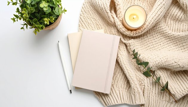 Flat Lay of Cozy Desk with Knit Sweater, Potted Plant, Notebook, and Candle