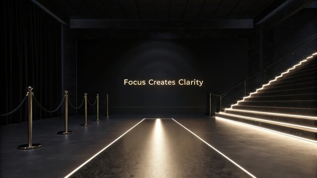 Elegant entrance with modern lighting and the inspiring phrase "Focus Creates Clarity" on a dark background in a serene setting