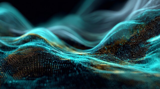 Dynamic teal and gold particle waves create a modern, futuristic backdrop, perfect for tech, science, and innovative business presentations