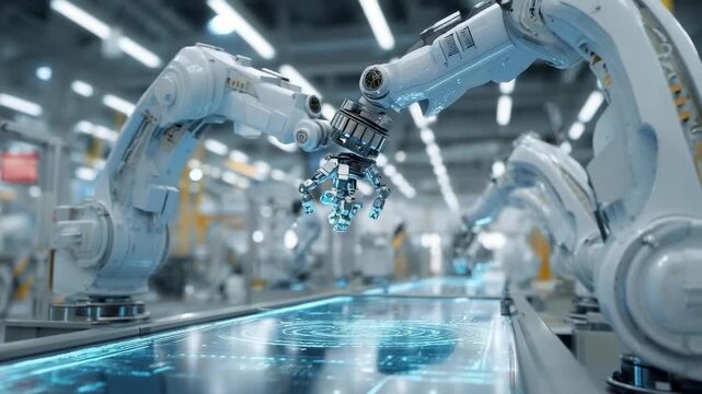 Automated robotic arms work on a glass display panel on a high-tech production line.