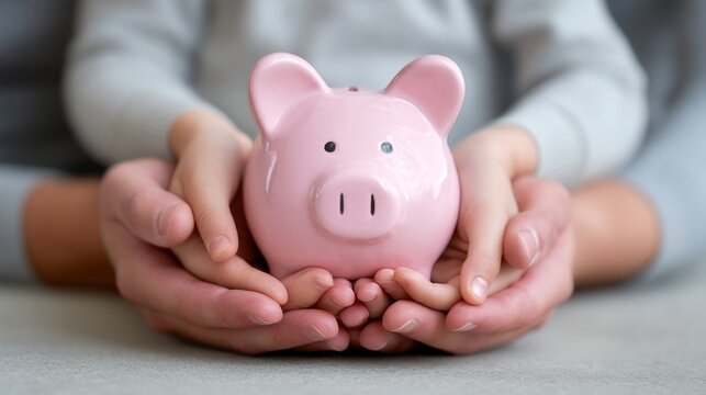 In a cozy setting, a family holds a pink piggy bank, sharing smiles and lessons on saving money. The children eagerly listen, excited about financial goals and teamwork