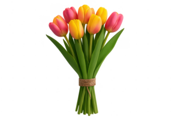 Tulip bouquet tied with string on transparent background