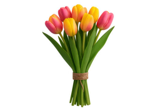 Tulip bouquet tied with string on transparent background