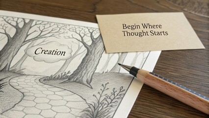 Inspiration and Creativity in Illustration with Artistic Pathway and Thoughtful Words on Wooden Table