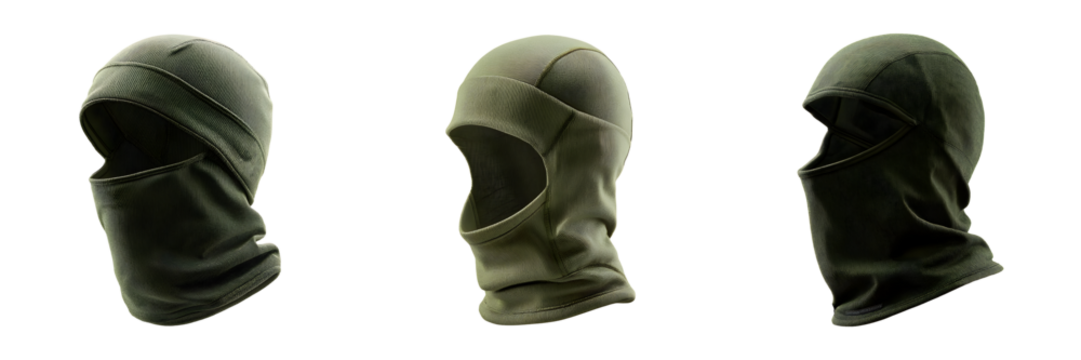 Set of olive balaclava ski masks, isolated on transparent background