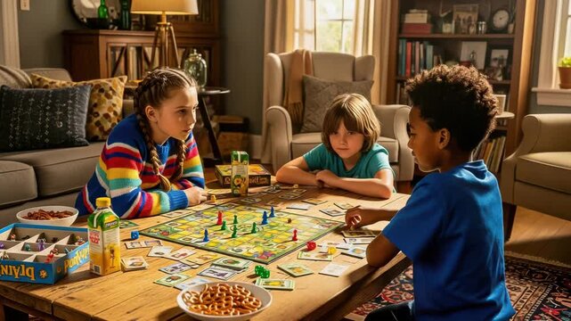 Three children are playing a board game in a cozy and inviting living room video generative ai