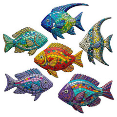Colorful mosaic fish wall art decor isolated on transparent background