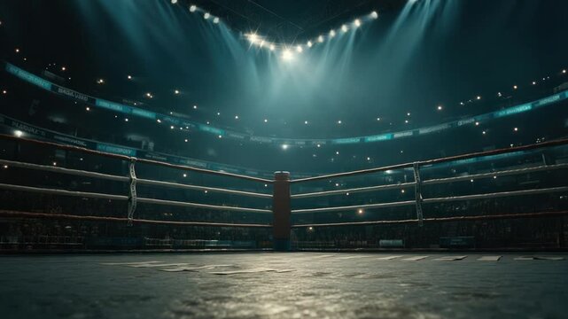 Empty boxing ring in a dimly lit arena