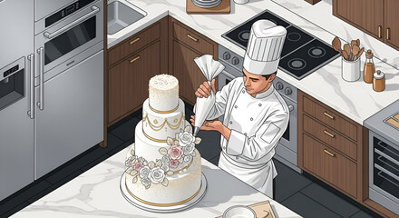 Professional chef delicately decorates a stunning three-tiered wedding cake in a modern kitchen, creating an elegant dessert for a special celebration
