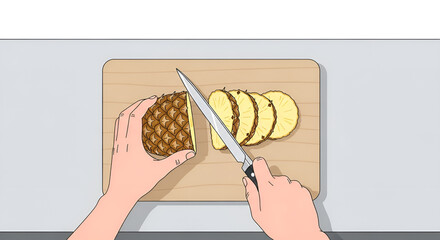 Obraz premium Preparing fresh pineapple slices for a vibrant summer smoothie or tropical fruit salad with a sharp knife on a wooden cutting board