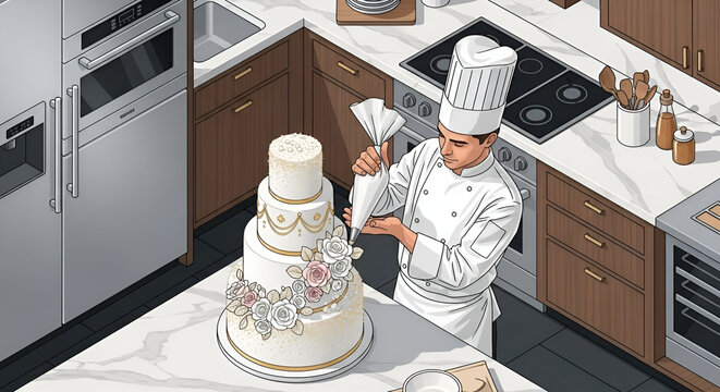 Professional chef delicately decorates a stunning three-tiered wedding cake in a modern kitchen, creating an elegant dessert for a special celebration