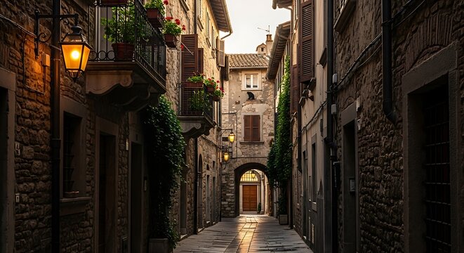 Narrow european alleyway illuminated by warm light architectural details cobblestone path - Powered by Adobe