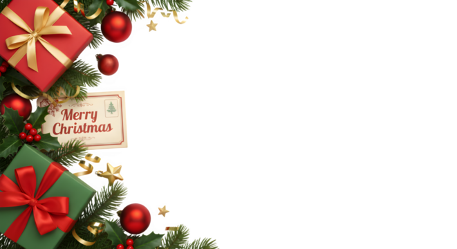 Christmas Corner Border with Gift Boxes, Holly, and Greeting Card