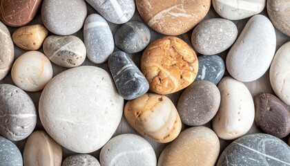 Smooth natural stone pebbles arranged creating organic abstract texture background