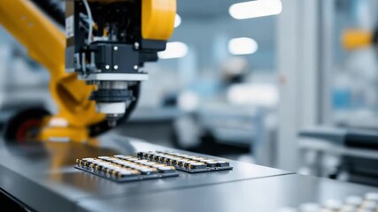 Robotic arm in an electronics factory performing automated PCB assembly by placing components on a circuit board. - Powered by Adobe