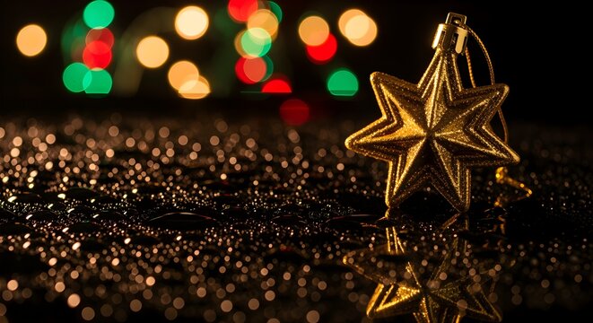 Elegant golden Christmas star ornament shimmering on a dark reflective surface adorned with water droplets and vibrant bokeh lights - Powered by Adobe