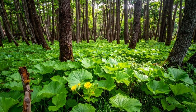 Lush forest scene with tall trees and vibrant green ground cover - Powered by Adobe