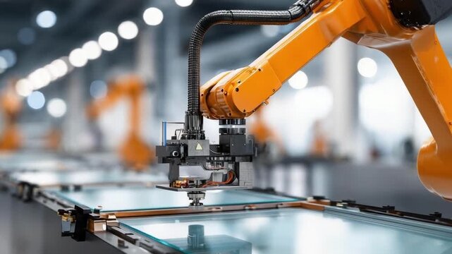 Industrial robotic arm cutting a glass sheet on a production line.