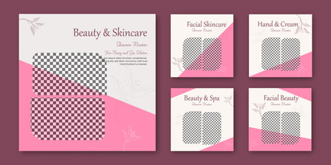 Obraz premium Set Collection Beauty and spa skincare makeup social media post. Elegant minimalist background of skincare beauty promotion banner social media pack template