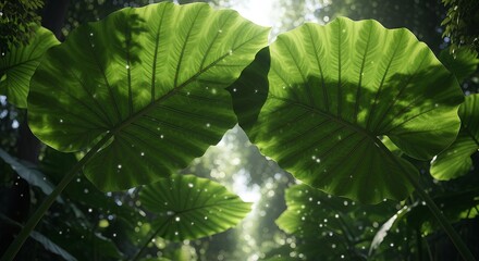 Lush Tropical Jungle Scene with Giant Green Elephant Ear Leaves in Sunlight, Nature Background