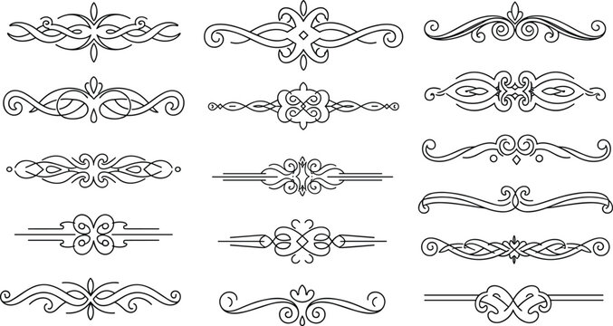 Elegant ornamental divider set, vintage flourishes, decorative line art, symmetrical swirls, formal design elements, certificate borders, invitation separators, vector illustration