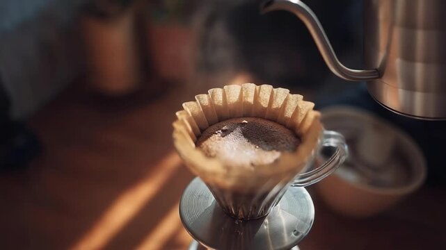 Pour-over coffee brewing: hot water streams through a paper filter into ground coffee in a conical dripper.