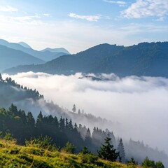 Soft morning mist floating through mountain valley showing serene natural beauty