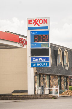 Pigeon Forge, Tennessee - July 3 2023: Gas prices on 4th of July holiday weekend in eastern Tennessee at an Exxon station